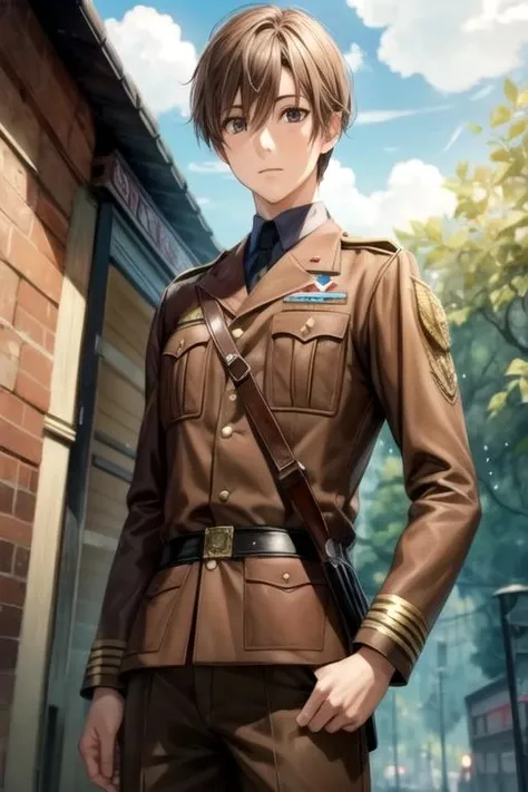 masterpiece, best quality, illustration, 1boy, solo, male focus, looking at viewer, , , , realistic, <lora:jun_yamamoto:0.66>, jun_yamamoto, brown hair, brown eyes, vandal costume, world war 1, 4k resolution