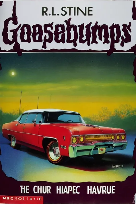 car Plymouth Fury hardtop, night, atmospheric, GoosebumpsBookCover <lora:GoosebumpsBookCover:1>, cherry red