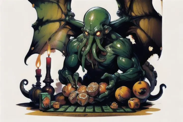 Cthulhu is a pumpkin monster among candy candles and dice, on a ship playing a board game with a vampire, bats flying around, in the steampunk style of the 19th century