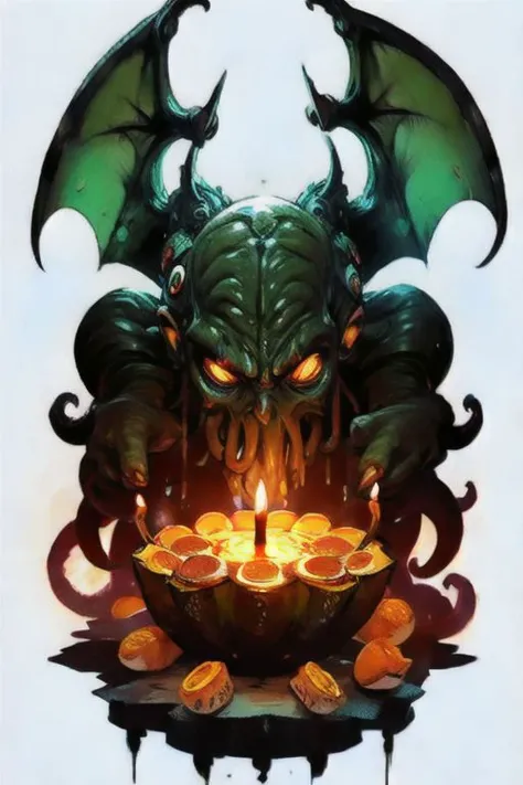 Cthulhu is a pumpkin monster among candy candles and dice, on a ship playing a board game with a vampire, bats flying around,