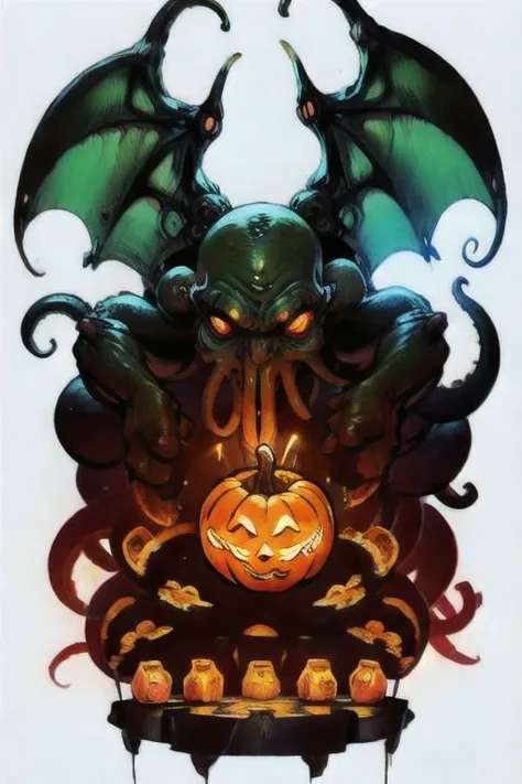 Cthulhu is a pumpkin monster among candy candles and dice, on a ship playing a board game with a vampire, bats flying around, in the steampunk style of the 19th century