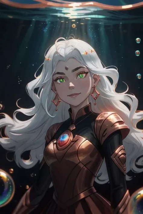 underwater, wave, sunlit, weak lights and shadows, (copper) and (dark blue) and dark green, anime game, copper, gold, red (iridescent bubbles), black yellow crystal, sliver (chromatic bubbles), close up, 1girl, red glow eyes, white face, red leggings, copper, beautiful face, white long hair, red dress, soaps gold, copper tie, earrings, copper, glow radiance collard, golden-sliver, red dress, long dress, black pleated skirt, sliver shiny ground, transcend sliver, close up, face focus, 1girl, beautiful face, white face, white hair, red earrings, she is wearing see-through coat, evil smiling, - underwater, wave ((iridescent bubbles)), - sunlit, weak lights and shadows, blue-green, underwater,