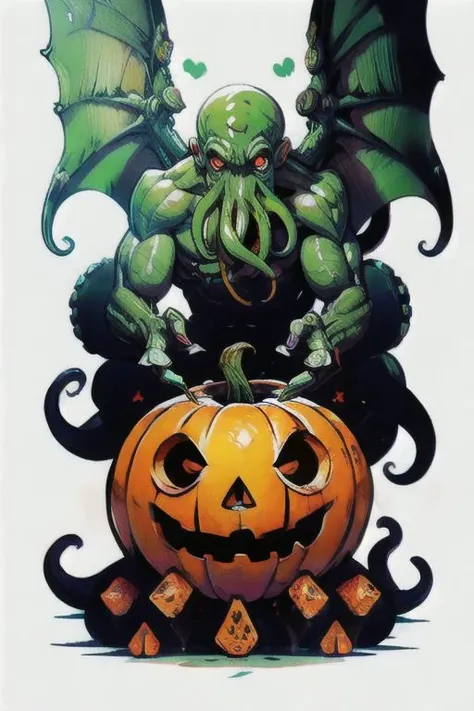 Cthulhu is a pumpkin monster among candy candles and dice, on a ship playing a board game with a vampire, bats flying around,