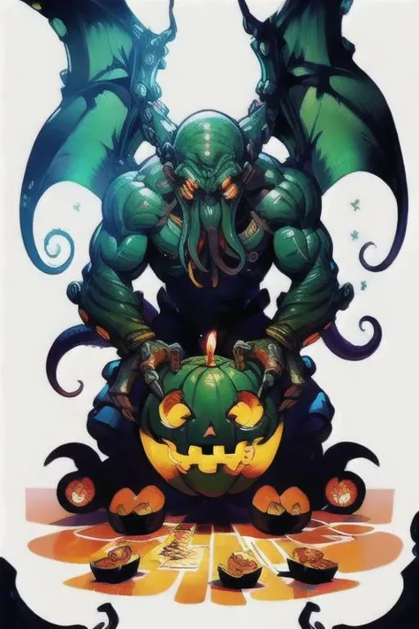 Cthulhu is a pumpkin monster among candy candles and dice, on a ship playing a board game with a vampire, bats flying around,