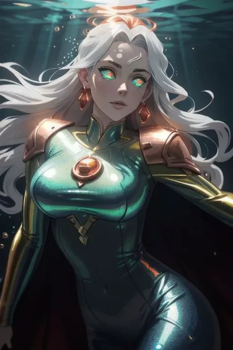 underwater, wave, sunlit, weak lights and shadows, (copper) and (dark blue) and dark green, anime game, copper, gold, red (iridescent bubbles), black yellow crystal, sliver (chromatic bubbles), close up, 1girl, red glow eyes, white face, red leggings, copper, beautiful face, white long hair, red dress, soaps gold, copper tie, earrings, copper, glow radiance collard, golden-sliver, red dress, long dress, black pleated skirt, sliver shiny ground, transcend sliver, close up, face focus, 1girl, beautiful face, white face, white hair, red earrings, she is wearing see-through coat, sexy lips, - underwater, wave ((iridescent bubbles)), - sunlit, weak lights and shadows, blue-green, underwater,