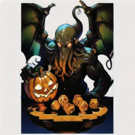 Cthulhu is a pumpkin monster among candy candles and dice, on a ship playing a board game with a vampire, bats flying around, in the steampunk style of the 19th century