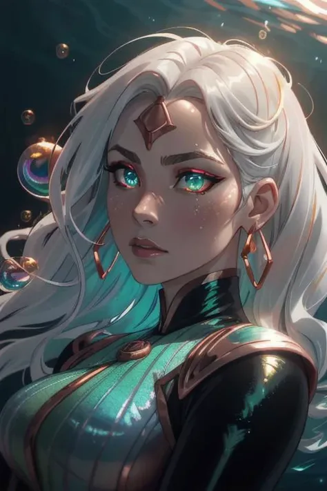 underwater, wave,  sunlit, weak lights and shadows, (copper) and (dark blue) and dark green, anime game, copper, gold, red (iridescent bubbles), black yellow crystal, sliver (chromatic bubbles), close up, 1girl, red glow eyes, white face, red leggings, copper, beautiful face, white long hair, red dress, soaps gold, copper tie, earrings, copper, glow radiance collard, golden-sliver, red dress, long dress, black pleated skirt, sliver shiny ground, transcend sliver, close up, face focus, 1girl, beautiful face, white face, white hair, red earrings, she is wearing see-through coat, sexy lips, - underwater, wave ((iridescent bubbles)), - sunlit, weak lights and shadows, blue-green, underwater,