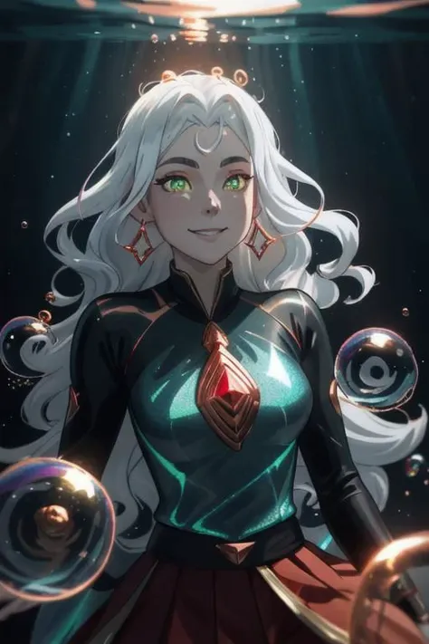 underwater, wave, sunlit, weak lights and shadows, (copper) and (dark blue) and dark green, anime game, copper, gold, red (iridescent bubbles), black yellow crystal, sliver (chromatic bubbles), close up, 1girl, red glow eyes, white face, red leggings, copper, beautiful face, white long hair, red dress, soaps gold, copper tie, earrings, copper, glow radiance collard, golden-sliver, red dress, long dress, black pleated skirt, sliver shiny ground, transcend sliver, close up, face focus, 1girl, beautiful face, white face, white hair, red earrings, she is wearing see-through coat, cheeky smile, - underwater, wave ((iridescent bubbles)), - sunlit, weak lights and shadows, blue-green, underwater,