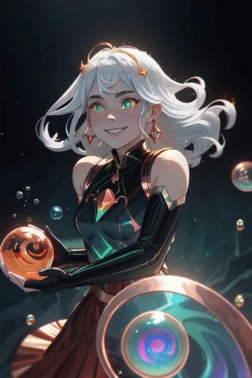 underwater, wave, sunlit, weak lights and shadows, (copper) and (dark blue) and dark green, anime game, copper, gold, red (iridescent bubbles), black yellow crystal, sliver (chromatic bubbles), close up, 1girl, red glow eyes, white face, red leggings, copper, beautiful face, white long hair, red dress, soaps gold, copper tie, earrings, copper, glow radiance collard, golden-sliver, red dress, long dress, black pleated skirt, sliver shiny ground, transcend sliver, close up, face focus, 1girl, beautiful face, white face, white hair, red earrings, she is wearing see-through coat, cheeky smile, - underwater, wave ((iridescent bubbles)), - sunlit, weak lights and shadows, blue-green, underwater,