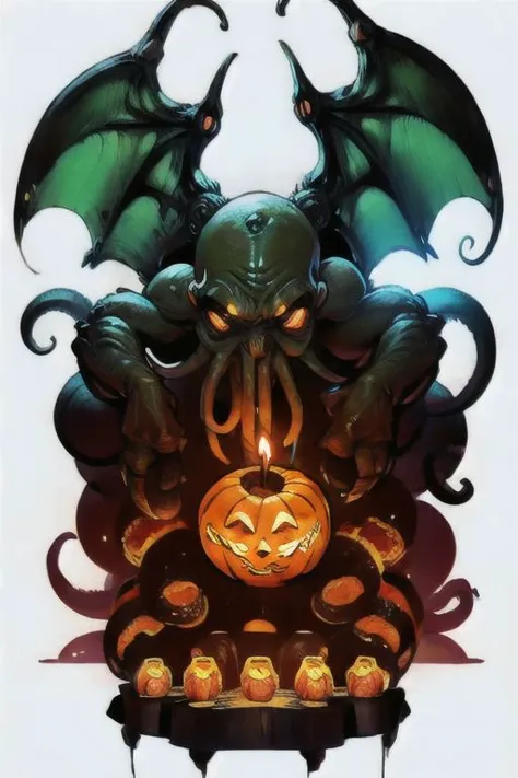 Cthulhu is a pumpkin monster among candy candles and dice, on a ship playing a board game with a vampire, bats flying around, in the steampunk style of the 19th century