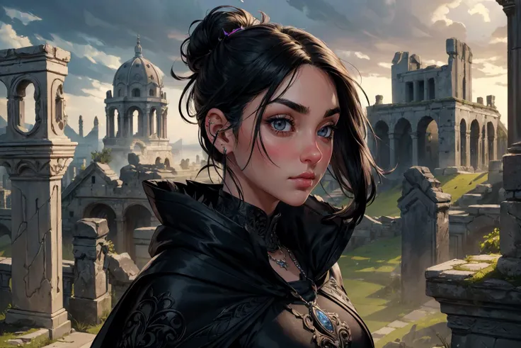 1girl,blushed face,close up photo of Koh_SashaGreyV2,medium breast,detailed eyes,beautiful eyes,((looking to viewer)),detailed background,<lora:Mild detail adjusterV10_4:1>,woman in fantasy medieval nature, cloak of raven feathers, sleek and dark, high twisted bun hairstyle, glossy black hair color, onyx pendant, accompanied by a raven familiar, atop a misty mountain peak, commanding pose, piercing silver eye color, enigmatic face expression, ancient ruins and swirling mists in background, (best quality:1.1),(masterpiece:1.4), (absurdres:1.0),ultra high res,8K,(cinematic light:1.1),(intricate details, hyperdetailed:1.15),(volumetric lighting:1.2),bright colors,(HDR:1),