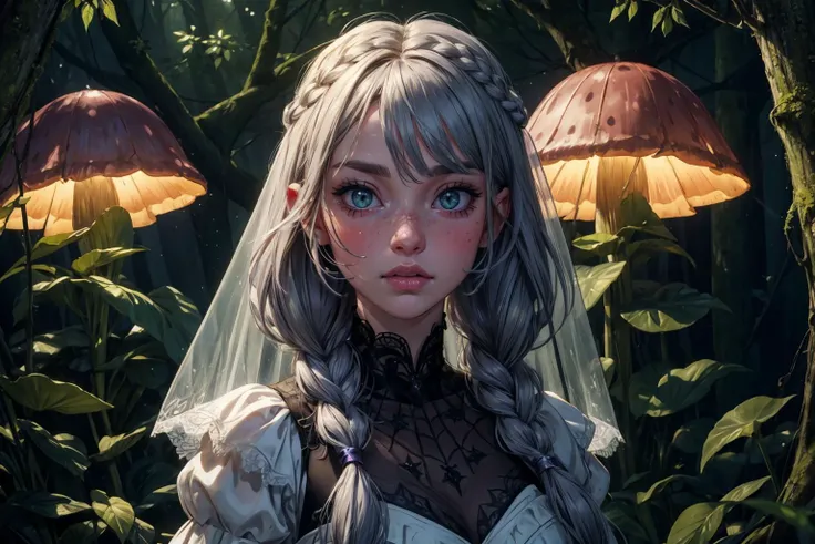 1girl,solo,blushed face,close up photo of DV_Leah_Vicious,medium breast,detailed eyes,beautiful eyes,((looking to viewer)),detailed background,<lora:Mild detail adjusterV10_4:1>,woman in fantasy medieval nature, attire of woven spider silk, delicate and intricate, long braids hairstyle, ash grey hair color, spiderweb lace veil, in a moonlit forest, casting spells, mysterious green eye color, focused face expression, glowing mushrooms and spectral spiders in background, (best quality:1.1),(masterpiece:1.4), (absurdres:1.0),ultra high res,8K,(cinematic light:1.1),(intricate details, hyperdetailed:1.15),(volumetric lighting:1.2),bright colors,(HDR:1),