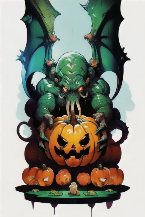 Cthulhu is a pumpkin monster among candy candles and dice, on a ship playing a board game with a vampire, bats flying around, in the steampunk style of the 19th century