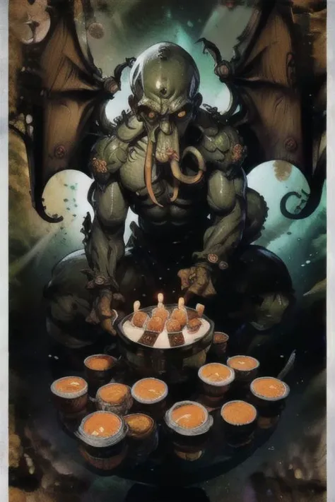 Cthulhu is a pumpkin monster among candy candles and dice, on a ship playing a board game with a vampire, bats flying around, in the steampunk style of the 19th century