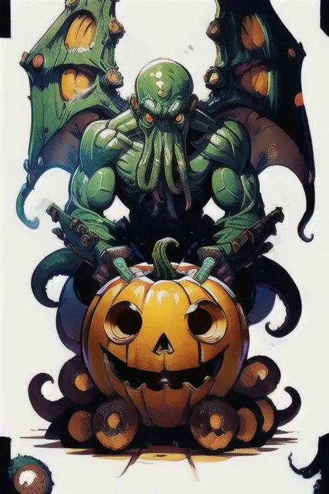 Cthulhu is a pumpkin monster among candy candles and dice, on a ship playing a board game with a vampire, bats flying around, in the steampunk style of the 19th century