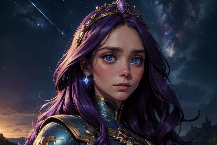 1girl,blushed face,close up photo of el10lsen,medium breast,detailed eyes,beautiful eyes,((looking to viewer)),detailed background,<lora:Mild detail adjusterV10_4:1>,woman in fantasy medieval nature, gown resembling a night sky, dotted with stars, loose celestial waves hairstyle, deep purple hair color, tiara of meteorite fragments, clutching an astral compass, edge of an enchanted lake, stargazing pose, deep indigo eye color, awe-struck face expression, reflection of constellations and a floating island in background, (best quality:1.1),(masterpiece:1.4), (absurdres:1.0),ultra high res,8K,(cinematic light:1.1),(intricate details, hyperdetailed:1.15),(volumetric lighting:1.2),bright colors,(HDR:1),