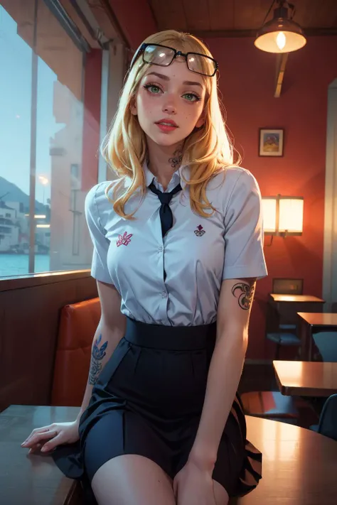 sexy, (detailed eyes), (detailed face), beautiful lady, (pov sitting across table:1.1), looking at viewer, sexy verdant dress, skin tight red, dress, blush, (naughty) (naughty smile:0.9), emerald eyes, blonde hair, (smiling:0.9)
(mystical tattoo:0.9), (neck tattoo), ((narrow waist)), skinny, thin, (fit body:1.1), (perfect proportions:0.8), (perfect anatomy:0.8), red lipstick,
(cowboy shot:1.1),
(shiny skin)
<lora:kanamori:0.8> kanamori, 1girl, freckles, solo, eyewear on head, looking at viewer, serafuku,, sanpaku, school uniform
BREAK,
good hands, detailed hands, anatomical hands,
(beautiful composition:1.1), masterpiece, fantasy, sexy, petite, soft glow, polished, clean image, <lora:epi_noiseoffset2:1> gorgeous, stunning, triadic colors, high contrast, Vivid color, dark,
<lora:CONCEPT_pov_dating_ownwaifu:1> (concept_pov_dating_ownwaifu:1.1), www.ownwaifu.com, 1girl, solo, looking at viewer, breasts, sitting at table <lora:more_details:0.2>, perfect teeth, overlooking beautiful tropical island beach view, (volumetric lighting), (dynamic lighiting), godrays, Rembrandt lighting, real shadows, intricate detail, photorealistic, photograph, photo, dlsr, Fuji Film, extremely high detail, detailed skin texture, (blush:0.2), (goosebumps:0.3), subsurface scattering