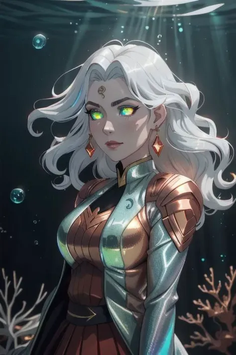 underwater, wave,  sunlit, weak lights and shadows, (copper) and (dark blue) and dark green, anime game, copper, gold, red (iridescent bubbles), black yellow crystal, sliver (chromatic bubbles), close up, 1girl, red glow eyes, white face, red leggings, copper, beautiful face, white long hair, red dress, soaps gold, copper tie, earrings, copper, glow radiance collard, golden-sliver, red dress, long dress, black pleated skirt, sliver shiny ground, transcend sliver, close up, face focus, 1girl, beautiful face, white face, white hair, red earrings, she is wearing see-through coat, sexy lips, - underwater, wave ((iridescent bubbles)), - sunlit, weak lights and shadows, blue-green, underwater,