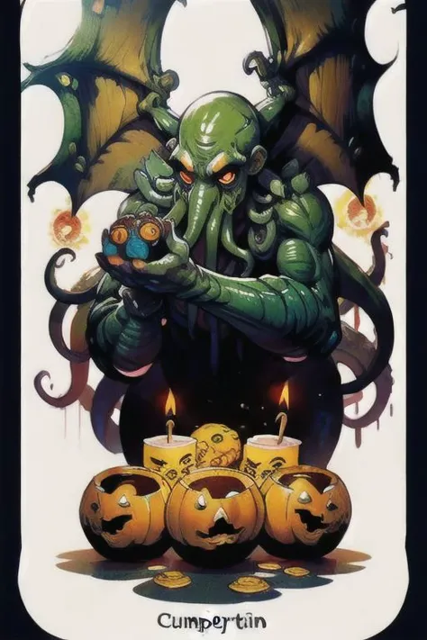 Cthulhu is a pumpkin monster among candy candles and dice, on a ship playing a board game with a vampire, bats flying around, in the steampunk style of the 19th century