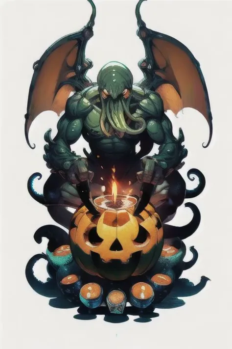 Cthulhu is a pumpkin monster among candy candles and dice, on a ship playing a board game with a vampire, bats flying around,