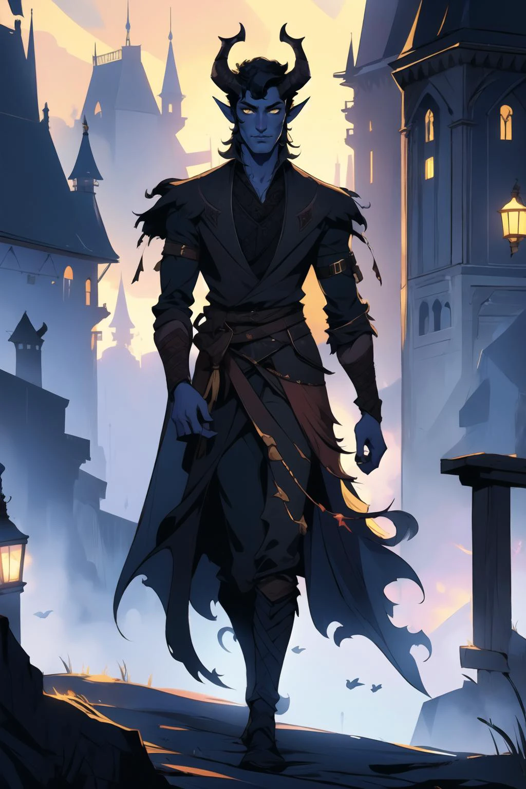 fantasy character, 1boy, medium hair, yellow eyes, black hair, nobleman clothes, fantasy clothes, scene set in a fantasy world, walking the frontyard of a palace, gothic architecture, (perfect hands), (best quality), ((masterpiece)), (detailed) <lora:Tiefling_v1:1> horns, colored skin