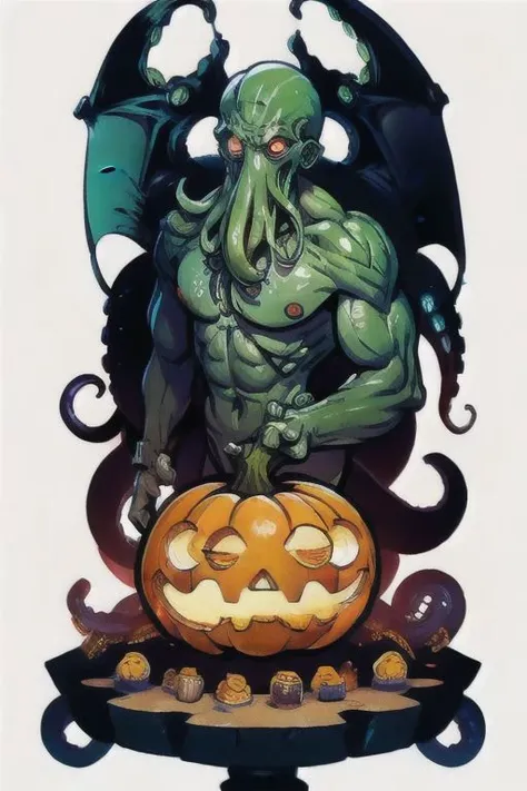 Cthulhu is a pumpkin monster among candy candles and dice, on a ship playing a board game with a vampire, bats flying around,