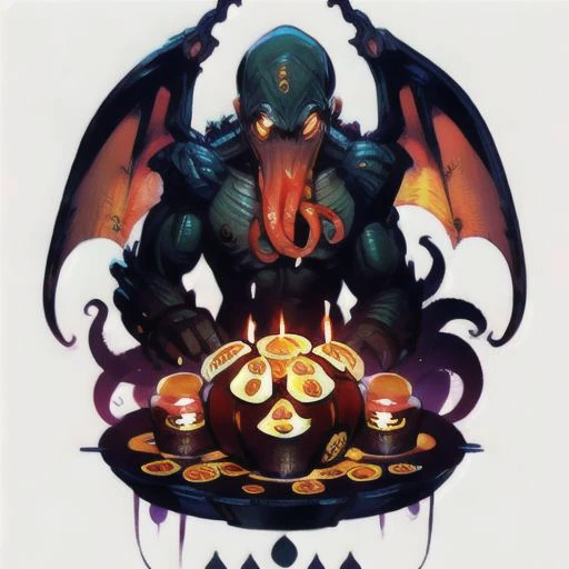 Cthulhu is a pumpkin monster among candy candles and dice, on a ship playing a board game with a vampire, bats flying around, in the steampunk style of the 19th century