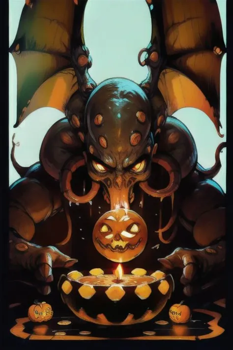 Cthulhu is a pumpkin monster among candy candles and dice, on a ship playing a board game with a vampire, bats flying around, in the steampunk style of the 19th century