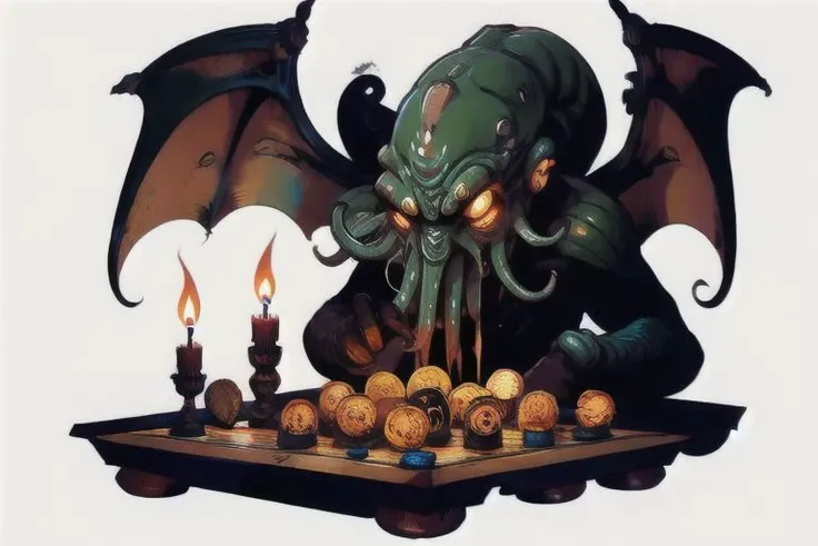Cthulhu is a pumpkin monster among candy candles and dice, on a ship playing a board game with a vampire, bats flying around, in the steampunk style of the 19th century