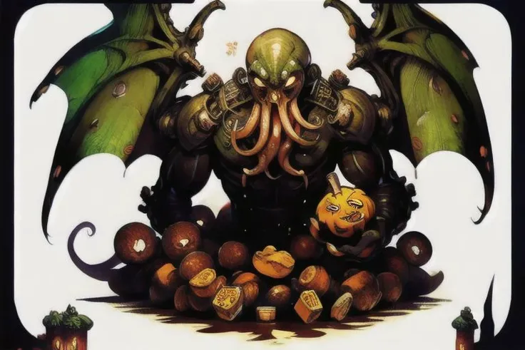 Cthulhu is a pumpkin monster among candy candles and dice, on a ship playing a board game with a vampire, bats flying around, in the steampunk style of the 19th century