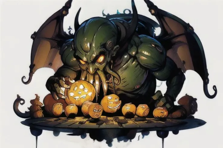 Cthulhu is a pumpkin monster among candy candles and dice, on a ship playing a board game with a vampire, bats flying around, in the steampunk style of the 19th century