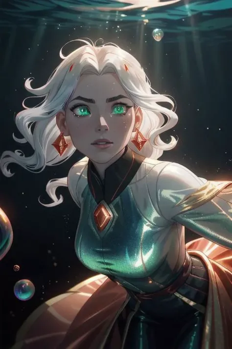 underwater, wave, sunlit, weak lights and shadows, (copper) and (dark blue) and dark green, anime game, copper, gold, red (iridescent bubbles), black yellow crystal, sliver (chromatic bubbles), close up, 1girl, red glow eyes, white face, red leggings, copper, beautiful face, white long hair, red dress, soaps gold, copper tie, earrings, copper, glow radiance collard, golden-sliver, red dress, long dress, black pleated skirt, sliver shiny ground, transcend sliver, close up, face focus, 1girl, beautiful face, white face, white hair, red earrings, she is wearing see-through coat, sexy lips, - underwater, wave ((iridescent bubbles)), - sunlit, weak lights and shadows, blue-green, underwater,