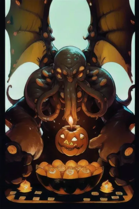 Cthulhu is a pumpkin monster among candy candles and dice, on a ship playing a board game with a vampire, bats flying around, in the steampunk style of the 19th century