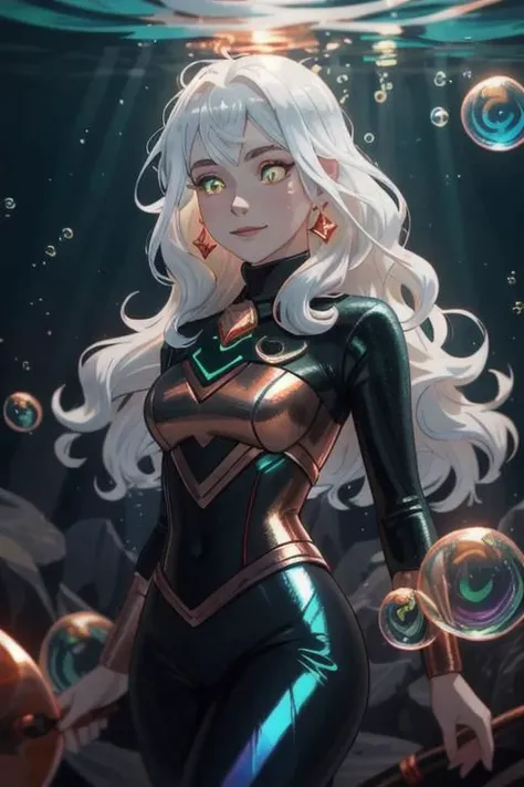 underwater, wave, sunlit, weak lights and shadows, (copper) and (dark blue) and dark green, anime game, copper, gold, red (iridescent bubbles), black yellow crystal, sliver (chromatic bubbles), close up, 1girl, red glow eyes, white face, red leggings, copper, beautiful face, white long hair, red dress, soaps gold, copper tie, earrings, copper, glow radiance collard, golden-sliver, red dress, long dress, black pleated skirt, sliver shiny ground, transcend sliver, close up, face focus, 1girl, beautiful face, white face, white hair, red earrings, she is wearing see-through coat, lip smile, - underwater, wave ((iridescent bubbles)), - sunlit, weak lights and shadows, blue-green, underwater,