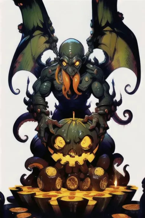 Cthulhu is a pumpkin monster among candy candles and dice, on a ship playing a board game with a vampire, bats flying around, in the steampunk style of the 19th century