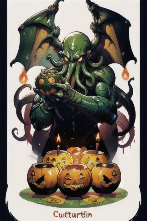 Cthulhu is a pumpkin monster among candy candles and dice, on a ship playing a board game with a vampire, bats flying around, in the steampunk style of the 19th century