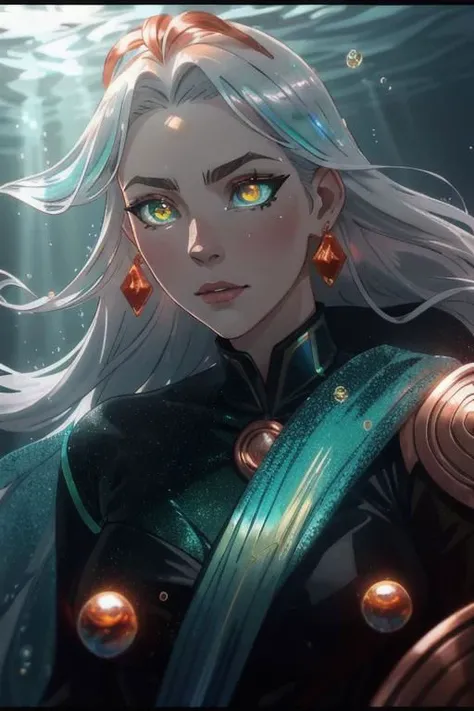 underwater, wave, sunlit, weak lights and shadows, (copper) and (dark blue) and dark green, anime game, copper, gold, red (iridescent bubbles), black yellow crystal, sliver (chromatic bubbles), close up, 1girl, red glow eyes, white face, red leggings, copper, beautiful face, white long hair, red dress, soaps gold, copper tie, earrings, copper, glow radiance collard, golden-sliver, red dress, long dress, black pleated skirt, sliver shiny ground, transcend sliver, close up, face focus, 1girl, beautiful face, white face, white hair, red earrings, she is wearing see-through coat, sexy lips, - underwater, wave ((iridescent bubbles)), - sunlit, weak lights and shadows, blue-green, underwater,