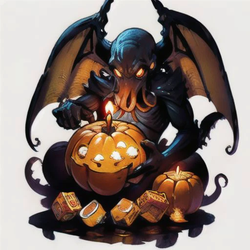 Cthulhu is a pumpkin monster among candy candles and dice, on a ship playing a board game with a vampire, bats flying around, in the steampunk style of the 19th century