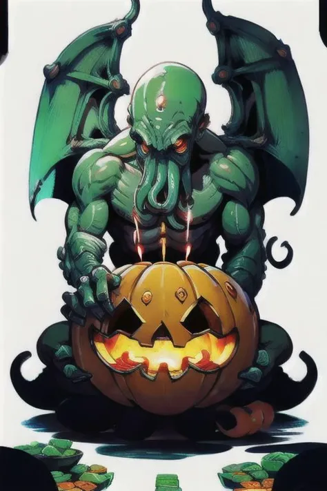Cthulhu is a pumpkin monster among candy candles and dice, on a ship playing a board game with a vampire, bats flying around,