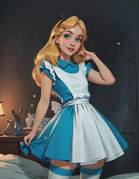 (AliceWonderlandWaifu:1), cute, smile,(dress:1.2), sexy pose, looking at viewer, (small breast:1.4), curvy, thighhighs,
(realistic:1.2), (realism), (masterpiece:1.2), (best quality), (ultra detailed), (8k, 4k, intricate),(full-body-shot:1),(Cowboy-shot:1.2), (85mm),light particles, lighting, (highly detailed:1.2),(detailed face:1.2), (gradients), sfw, colorful, detailed eyes,
(detailed landscape, medieval bedroom at night, ray traced light),(detailed background), (dynamic angle:1.2), (dynamic pose:1.2), (rule of third_composition:1.3), (Line of action:1.2), wide shot, solo, moonlight
<lora:Aliceinwonderland_character-20:0.7>