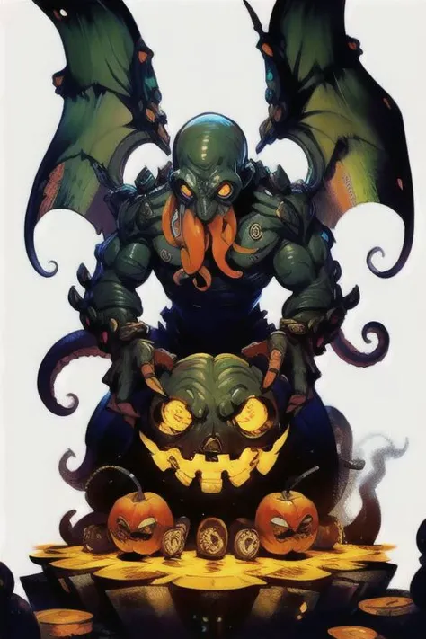 Cthulhu is a pumpkin monster among candy candles and dice, on a ship playing a board game with a vampire, bats flying around, in the steampunk style of the 19th century