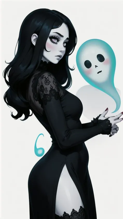 (1girl), (masterpiece, best quality:1.2), white background, (monster girl), ghost girl, obscured eyes, curvy, pale skin, the ring girl, tattered black dress, black long hair, ghostly aura, hands in frame, no face, question mark, hair in shot, confused expression, ((question mark shaped ghost)),