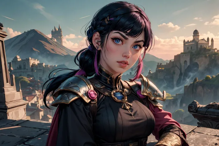 1girl,blushed face,close up photo of DEN_sierhaus_SG,medium breast,detailed eyes,beautiful eyes,((looking to viewer)),detailed background,<lora:Mild detail adjusterV10_4:1>, woman in fantasy medieval nature, enchanted armor with dragon scale details, crimson and gold, warrior braid hairstyle, raven black hair color, ruby encrusted sword, dragon wing shoulder pauldrons, atop a cliff, overlooking a dragon's lair, fierce pose, steel gray eye color, intense face expression, smoldering volcanoes and flying dragons in background, (best quality:1.1),(masterpiece:1.4), (absurdres:1.0),ultra high res,8K,(cinematic light:1.1),(intricate details, hyperdetailed:1.15),(volumetric lighting:1.2),bright colors,(HDR:1),