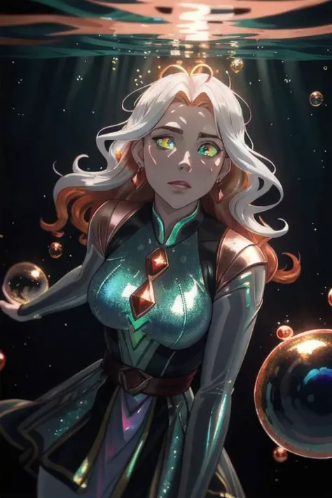 underwater, wave,  sunlit, weak lights and shadows, (copper) and (dark blue) and dark green, anime game, copper, gold, red (iridescent bubbles), black yellow crystal, sliver (chromatic bubbles), close up, 1girl, red glow eyes, white face, red leggings, copper, beautiful face, white long hair, red dress, soaps gold, copper tie, earrings, copper, glow radiance collard, golden-sliver, red dress, long dress, black pleated skirt, sliver shiny ground, transcend sliver, close up, face focus, 1girl, beautiful face, white face, white hair, red earrings, she is wearing see-through coat, sexy lips, - underwater, wave ((iridescent bubbles)), - sunlit, weak lights and shadows, blue-green, underwater,