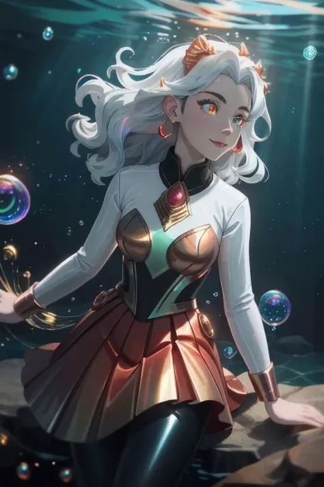 underwater, wave,  sunlit, weak lights and shadows, (copper) and (dark blue) and dark green, anime game, copper, gold, red (iridescent bubbles), black yellow crystal, sliver (chromatic bubbles), close up, 1girl, red glow eyes, white face, red leggings, copper, beautiful face, white long hair, red dress, soaps gold, copper tie, earrings, copper, glow radiance collard, golden-sliver, red dress, long dress, black pleated skirt, sliver shiny ground, transcend sliver, close up, face focus, 1girl, beautiful face, white face, white hair, red earrings, she is wearing see-through coat, Lion smile, - underwater, wave ((iridescent bubbles)), - sunlit, weak lights and shadows, blue-green, underwater,