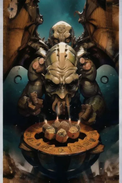 Cthulhu is a pumpkin monster among candy candles and dice, on a ship playing a board game with a vampire, bats flying around, in the steampunk style of the 19th century