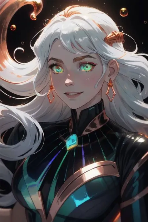 underwater, wave, sunlit, weak lights and shadows, (copper) and (dark blue) and dark green, anime game, copper, gold, red (iridescent bubbles), black yellow crystal, sliver (chromatic bubbles), close up, 1girl, red glow eyes, white face, red leggings, copper, beautiful face, white long hair, red dress, soaps gold, copper tie, earrings, copper, glow radiance collard, golden-sliver, red dress, long dress, black pleated skirt, sliver shiny ground, transcend sliver, close up, face focus, 1girl, beautiful face, white face, white hair, red earrings, she is wearing see-through coat, smile and grit, - underwater, wave ((iridescent bubbles)), - sunlit, weak lights and shadows, blue-green, underwater,