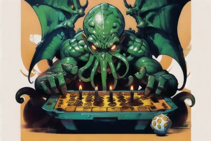 Cthulhu is a pumpkin monster among candy candles and dice, on a ship playing a board game with a vampire, bats flying around, in the steampunk style of the 19th century