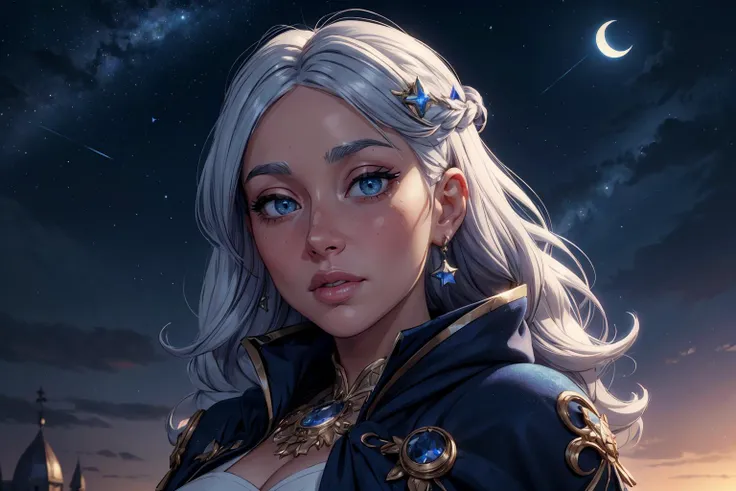 1girl,blushed face,close up photo of savbond,medium breast,detailed eyes,beautiful eyes,((looking to viewer)),detailed background,<lora:Mild detail adjusterV10_4:1>, woman in fantasy medieval nature, starlit cloak, midnight blue velvet gown, celestial crown, loose curls hairstyle, silver-white hair color, moonstone bracelet, atop a high tower, gazing into the night sky, starry eye color, contemplative face expression, twinkling stars and a crescent moon in background, (best quality:1.1),(masterpiece:1.4), (absurdres:1.0),ultra high res,8K,(cinematic light:1.1),(intricate details, hyperdetailed:1.15),(volumetric lighting:1.2),bright colors,(HDR:1),