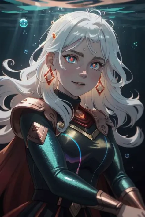 underwater, wave,  sunlit, weak lights and shadows, (copper) and (dark blue) and dark green, anime game, copper, gold, red (iridescent bubbles), black yellow crystal, sliver (chromatic bubbles), close up, 1girl, red glow eyes, white face, red leggings, copper, beautiful face, white long hair, red dress, soaps gold, copper tie, earrings, copper, glow radiance collard, golden-sliver, red dress, long dress, black pleated skirt, sliver shiny ground, transcend sliver, close up, face focus, 1girl, beautiful face, white face, white hair, red earrings, she is wearing see-through coat, grit smile, - underwater, wave ((iridescent bubbles)), - sunlit, weak lights and shadows, blue-green, underwater,